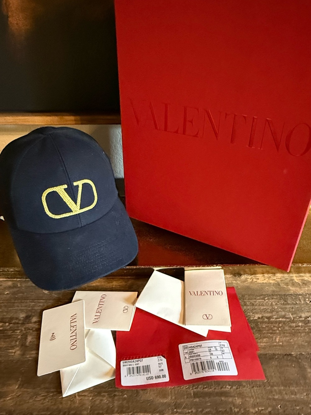 Valentino Garavani VLogo Embroidered Baseball Cap Navy Gold Sz 57 w/ Box